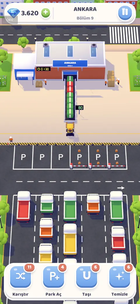 Gameplay in Ankara: colored trucks wait in the lot below the depot conveyor